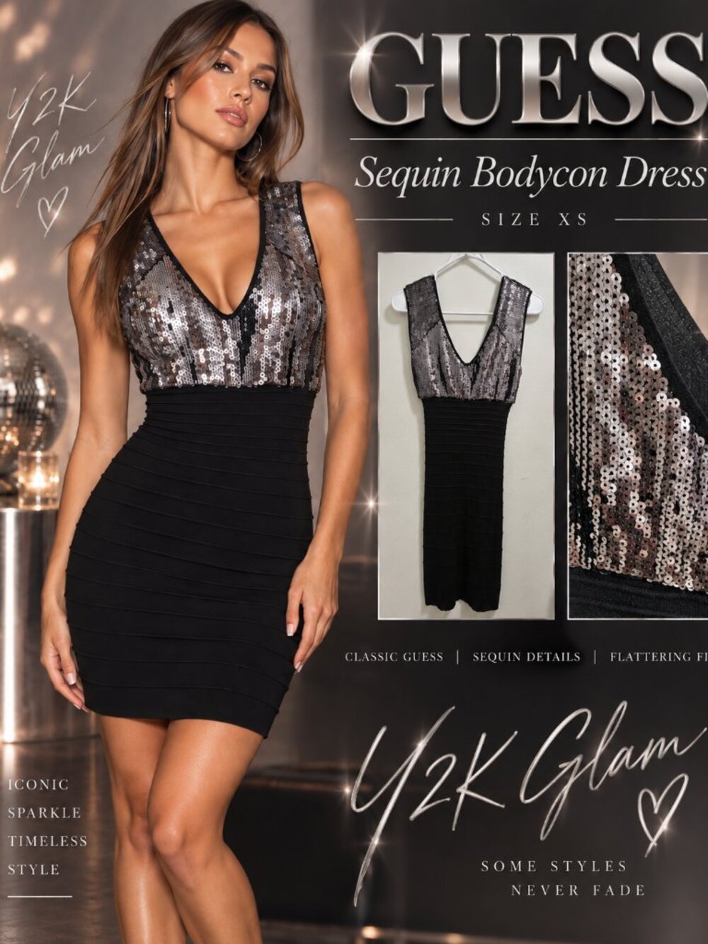 GUESS Black Silver Sequin V Neck Bodycon Party Dress XS Y2K Glam